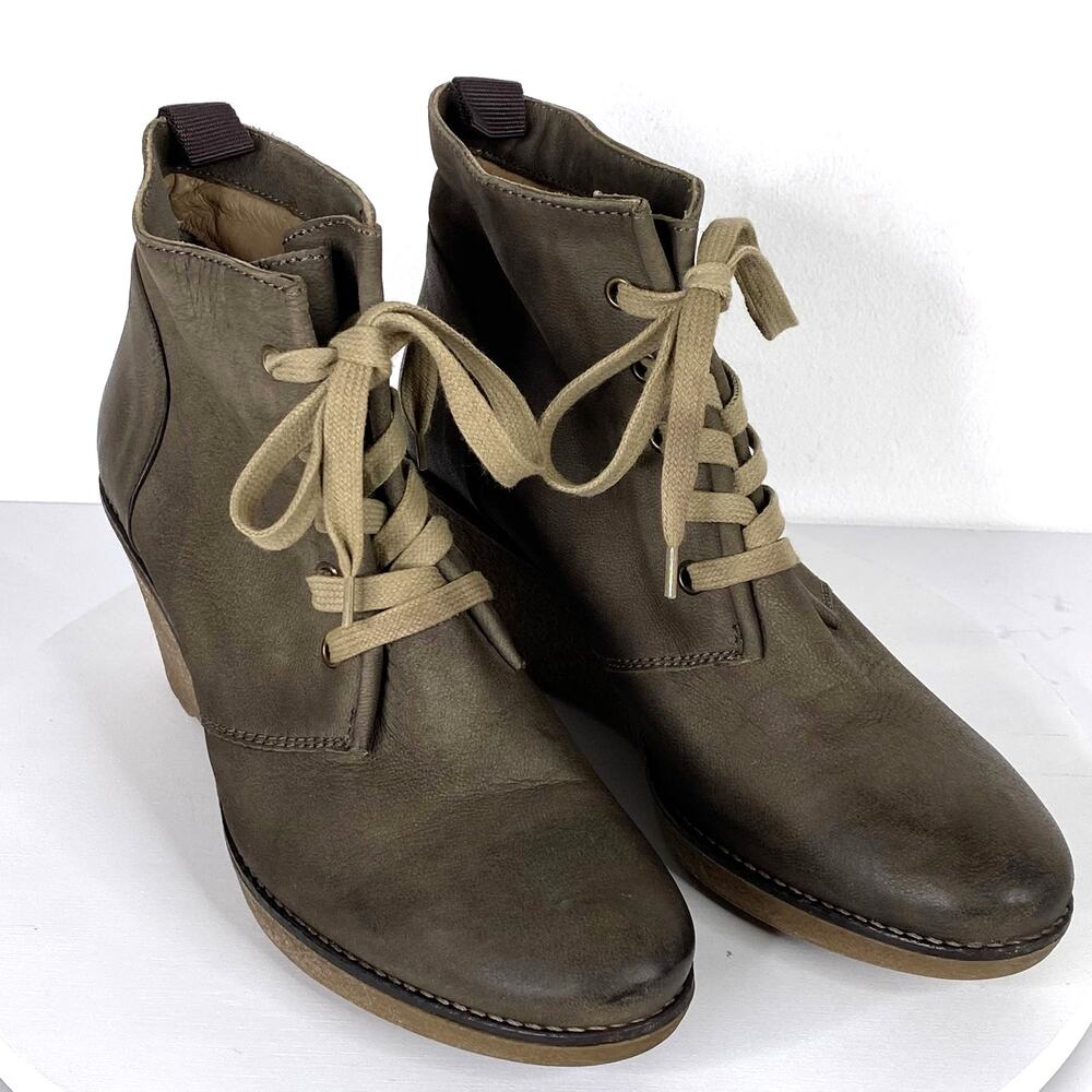 Manas Heel Wedge Ankle Boots Womens Sz US 8.5 Brown Lace Up Leather Casual Warm